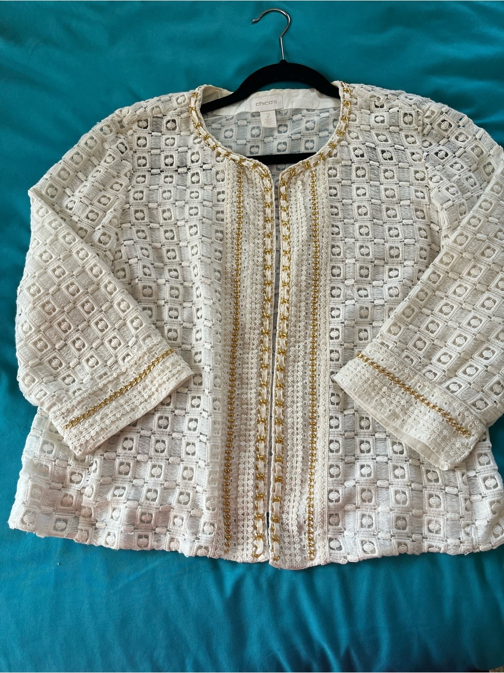 Chico's Cream Openwork Crochet Jacket with Gold Trim